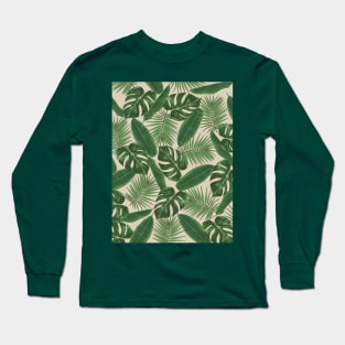 Tropical Green Leaves Pattern on Beige Long Sleeve T-Shirt